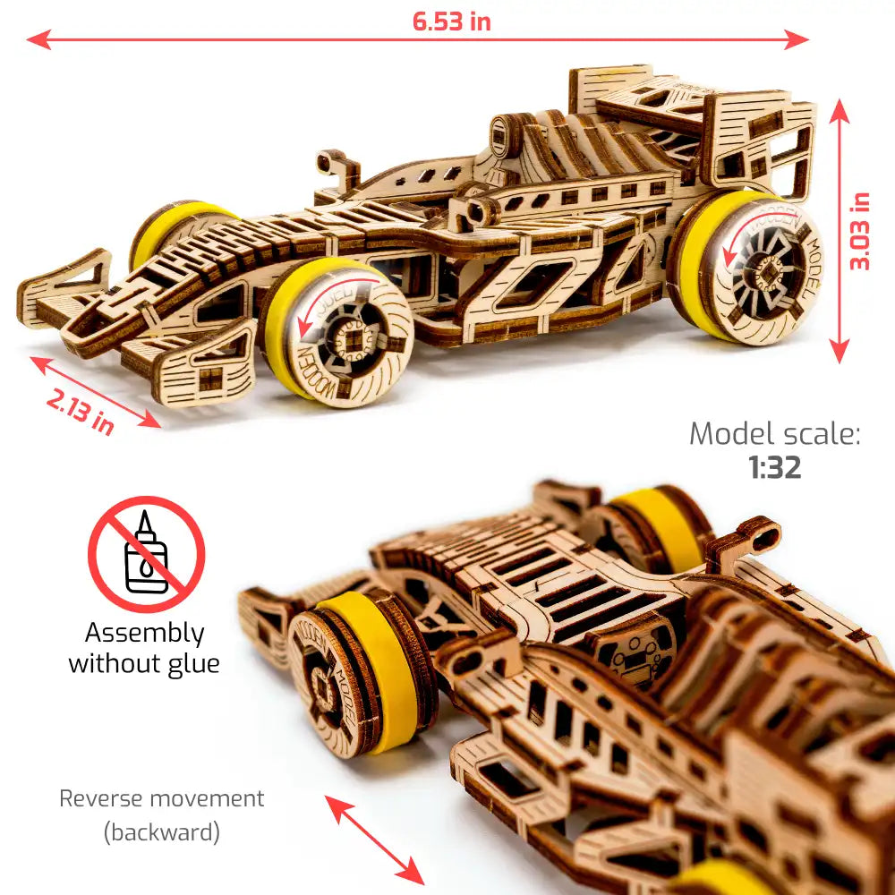 Byggmodell: F1-bil i laserskuret trä med drift och styrning