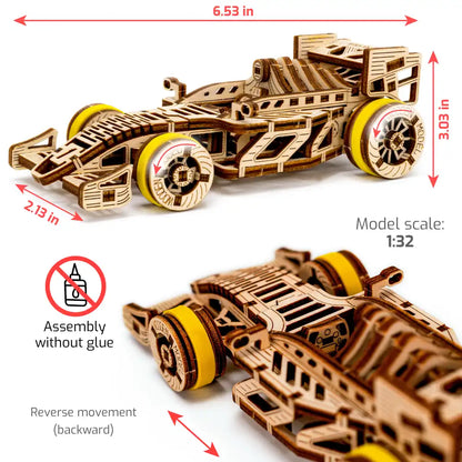 Byggmodell: F1-bil i laserskuret trä med drift och styrning
