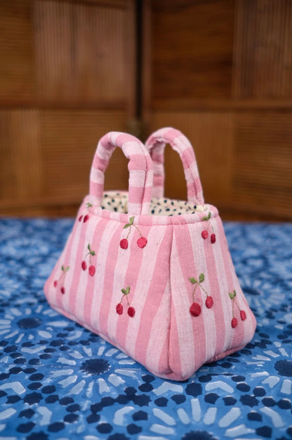 Minihandväska – Rosa körsbär, handsydd i Sverige, från 1 år