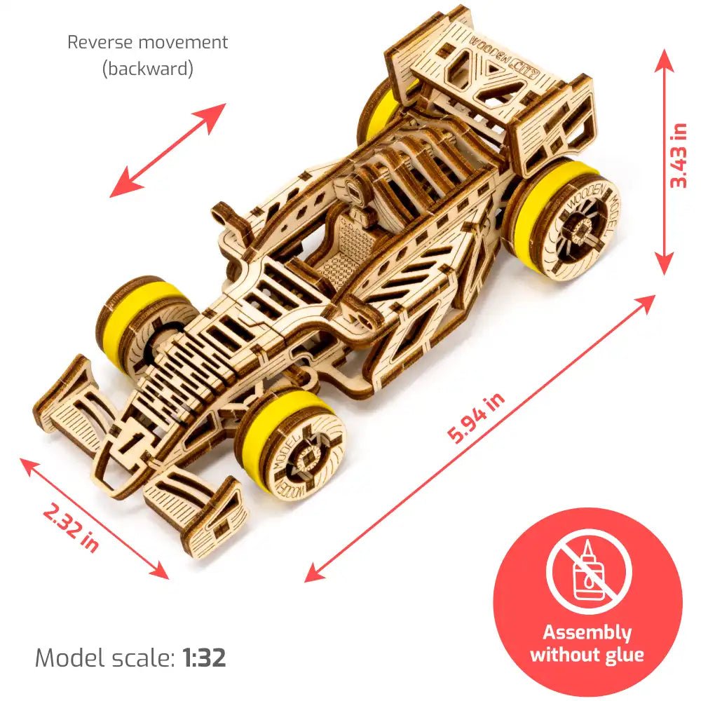 Byggmodell: F1-bil i laserskuret trä med drift och styrning - Väderstads Leksaker