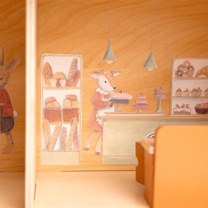 Café & bageri i trä med möbler och två Minifriends - Väderstads Leksaker