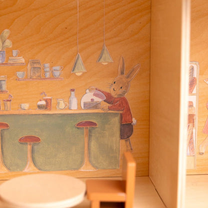 Café & bageri i trä med möbler och två Minifriends - Väderstads Leksaker